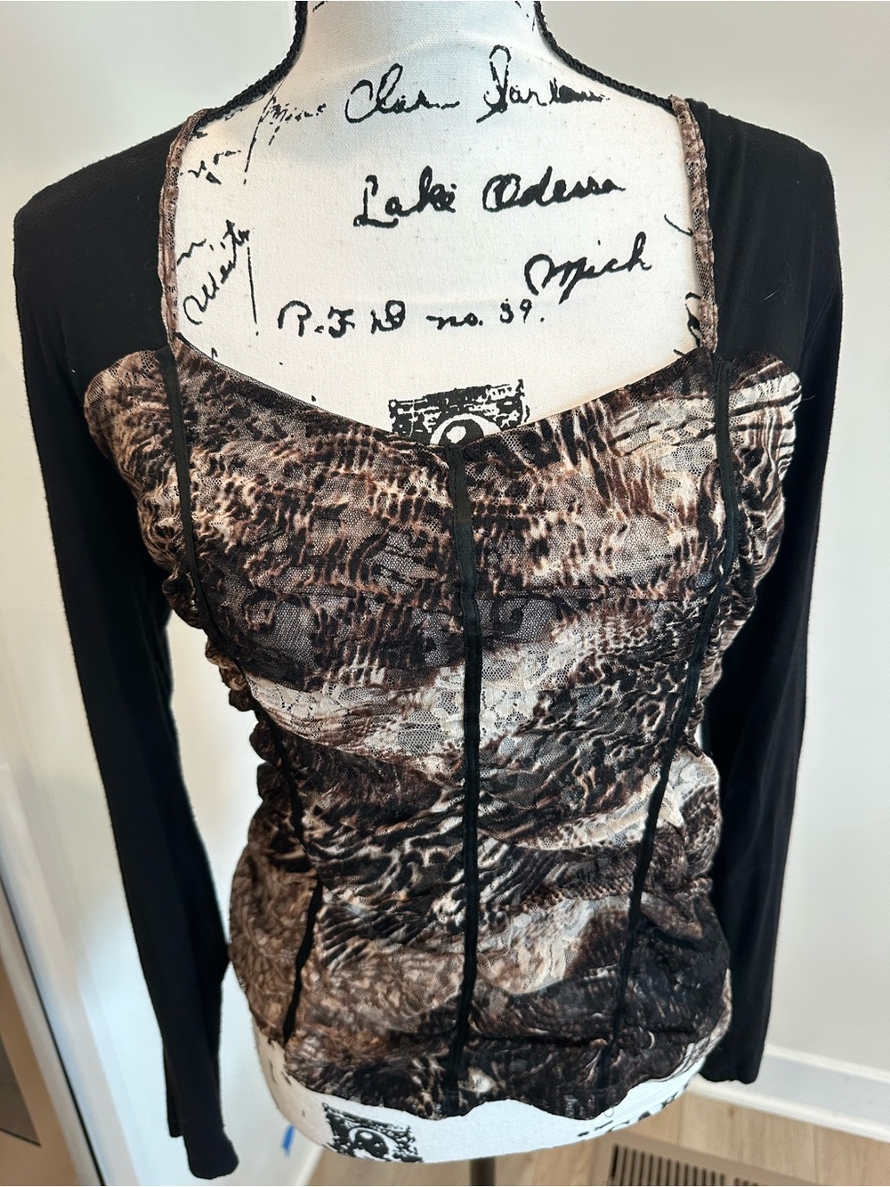 Brown Patterned Mesh and fabric blouse with Black Long Sleeves - LARGE